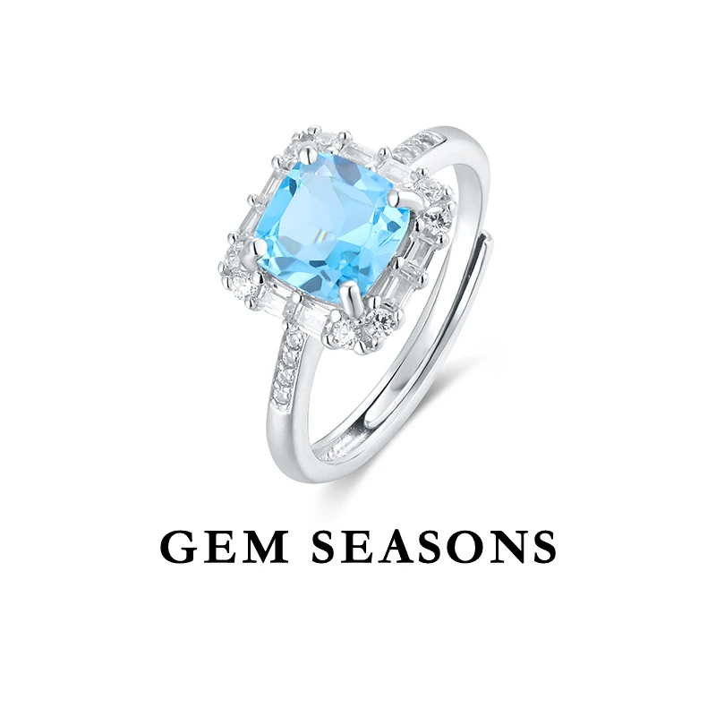 GEM SEASONS天然托帕石戒指 时尚简约方形切割天空蓝色宝石精致