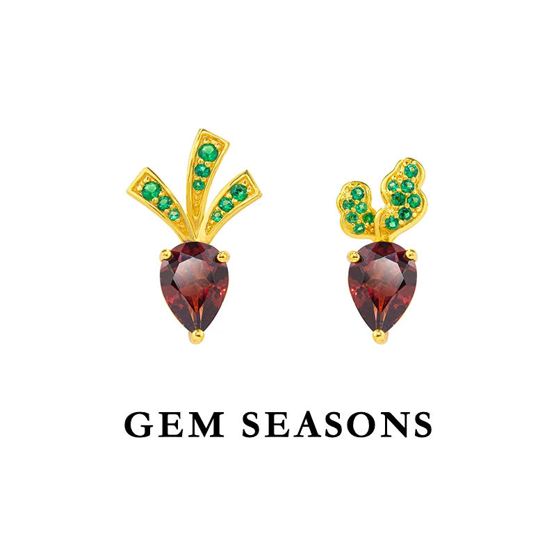 GEM SEASONS天然石榴石耳钉 不对称设计师款简约小众银耳饰可爱