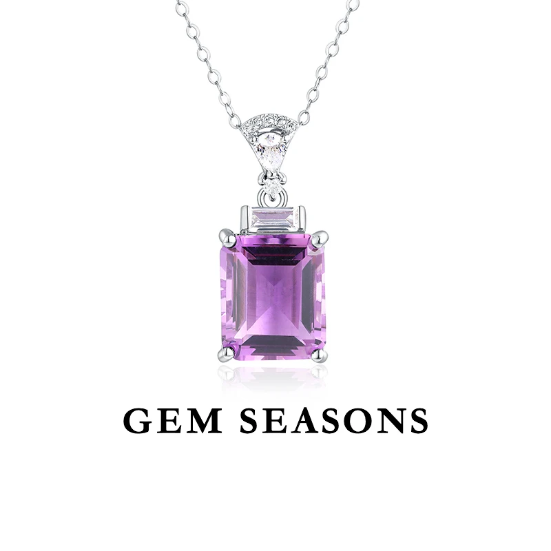 GEM SEASONS天然紫水晶吊坠项链 时尚简约长方切割紫色宝石坠链