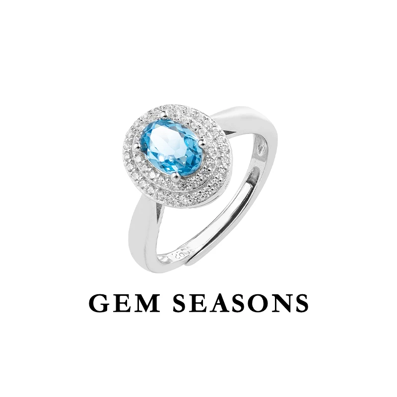 GEM SEASONS天然托帕石戒指【鉴定证书】时尚银戒蓝色宝石简约百搭