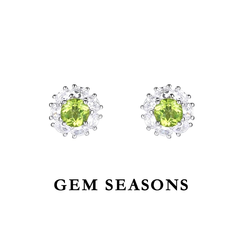 GEM SEASONS天然橄榄石耳钉 时尚简约百搭款日常绿色宝石耳饰银镶
