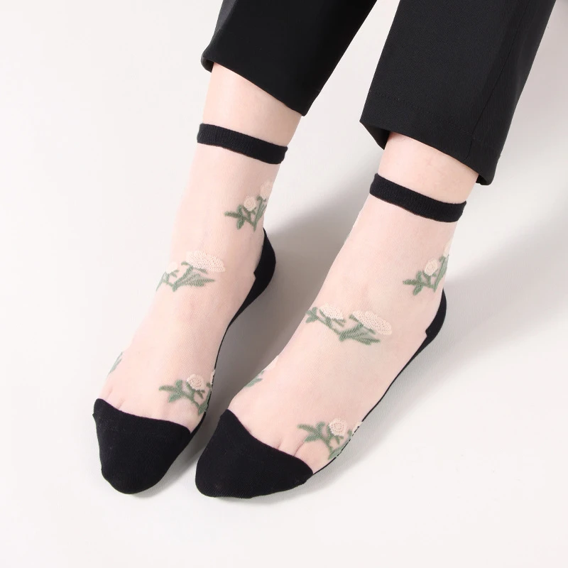 春夏袜子女薄款防滑纯棉底水晶丝袜女士性感玻璃丝花朵中筒蕾丝袜