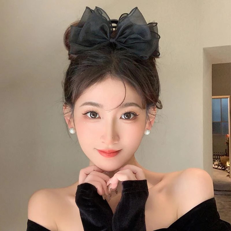 在逃公主蝴蝶结发夹后脑勺精致黑色绢纱抓夹高级感大号鲨鱼夹发饰