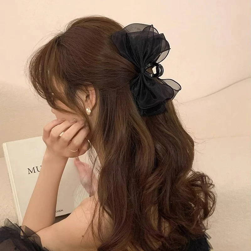 高级感网纱蝴蝶结发夹~头饰顶夹抓夹女后脑勺头发夹子鲨鱼夹2024