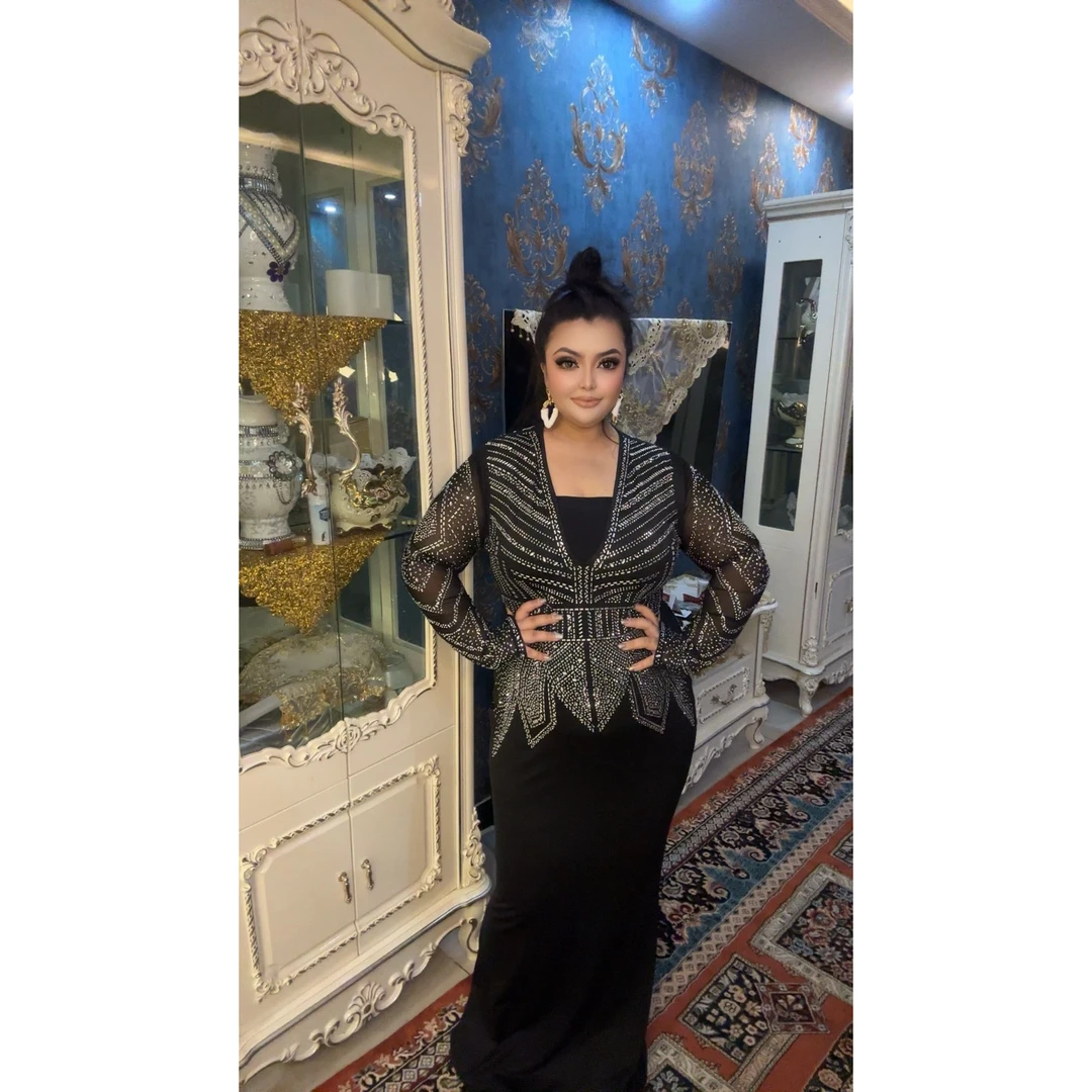 新款Banure性感修身烫钻包臀V领大码秋冬连衣裙