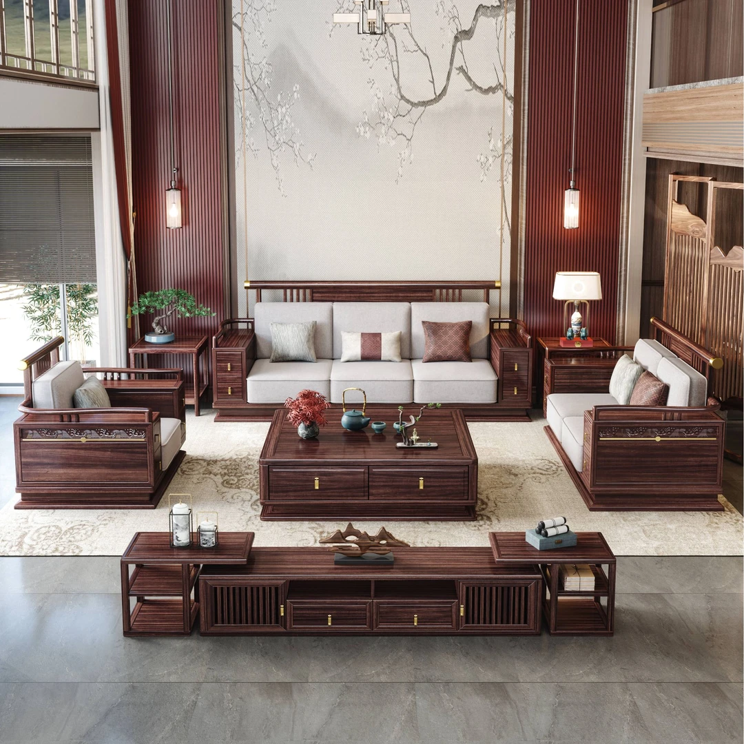 W100新中式乌金木实木沙发储物别墅酒店高档大气沙发