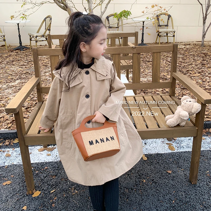 mini旦女童中长款风衣秋季新款韩版连帽外套宝宝洋气防风大衣