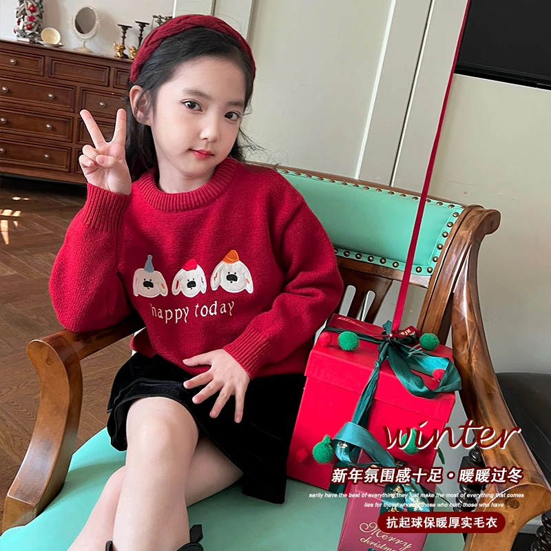 mini旦女童圣诞毛衣冬季新款红色加厚针织衫洋气百搭保暖上衣