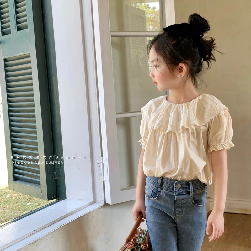 mini旦女童短袖衬衫夏装新款韩版气质翻领娃娃衫儿童洋气百搭上衣