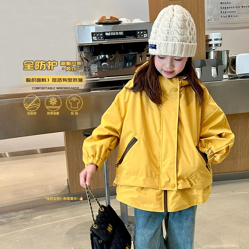 mini旦童装女童冲锋衣连帽外套冬季新款儿童工装风保暖防风衣