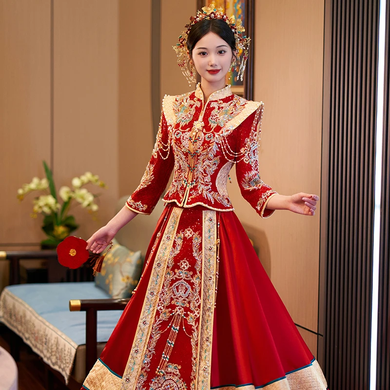 丝绒秀禾服婚礼重工奢华大气婚纱凤冠新款霞披结婚高级出阁服女