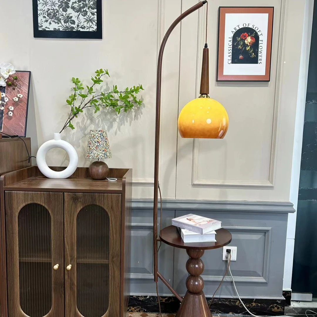 中古风落地灯客厅美式柚子灯卧室床头柜置物茶几氛围感复古立式灯