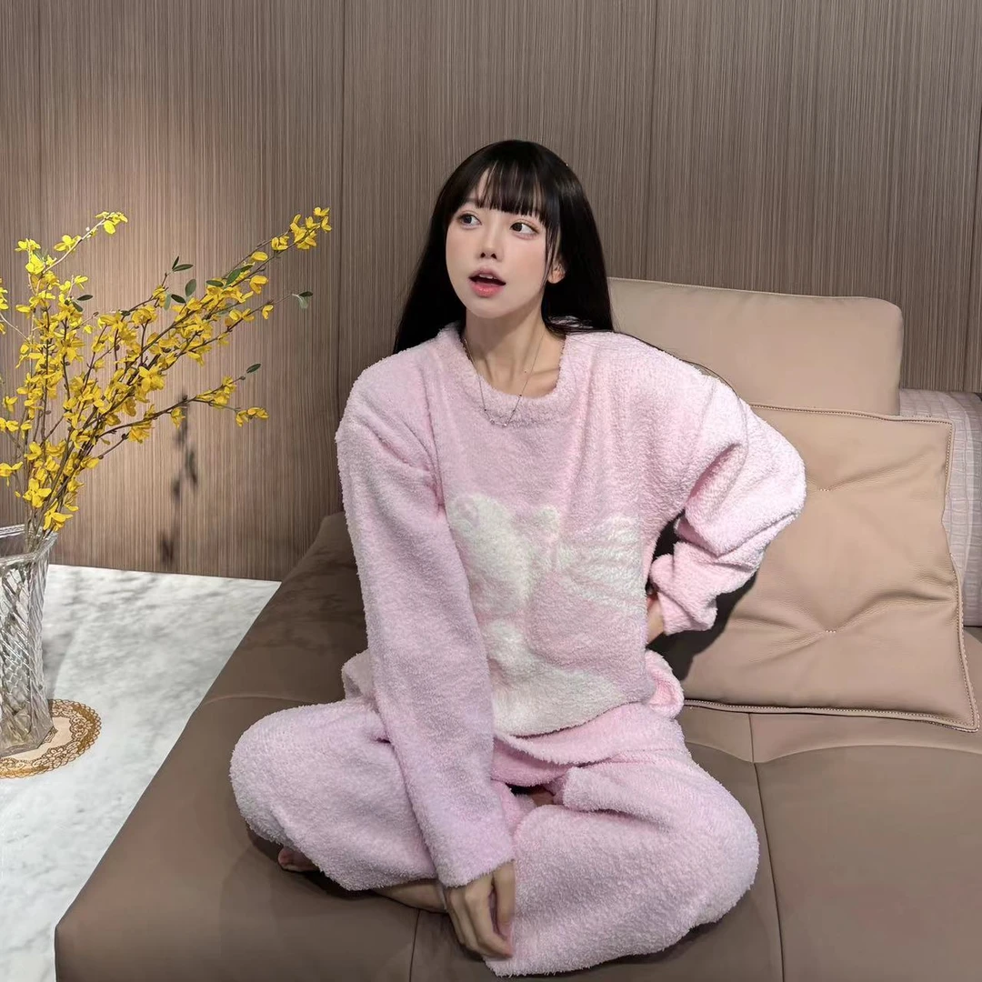 秋冬保暖新款撞色半边绒睡衣女季厚款保暖日系甜美外出家居服套装