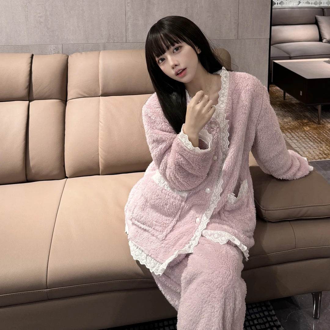 睡衣冬季学生长毛绒保暖卡通秋大码加绒珊瑚绒家居服套装秋冬保暖