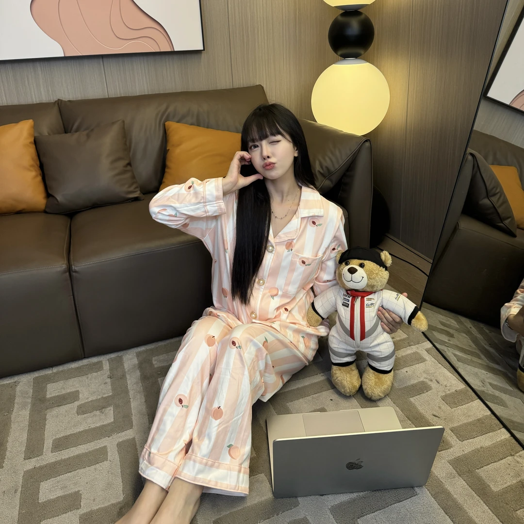 【老林家的睡衣】超柔竖条桃子西服领新款德绒保暖女士睡衣家居服