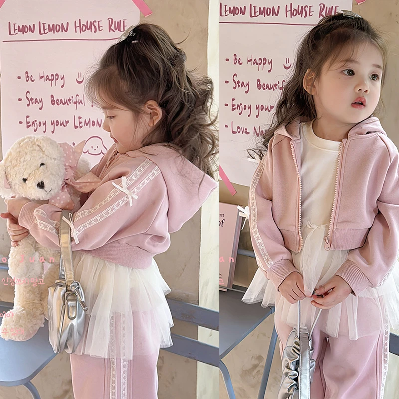 【大小卷】秋季新款插肩袖丝带小蝴蝶结粉套装-10103