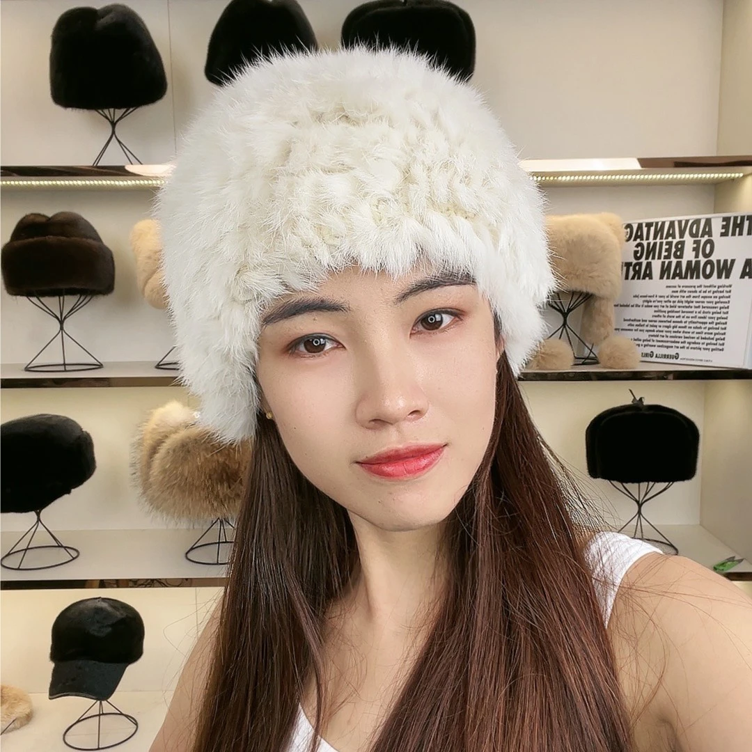 帽子女秋冬兔毛帽子黑色针织帽女款ins显脸小保暖护耳大头围