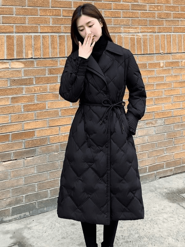 2023羽绒服新款爆款女装冬西装领黑色女中长款收腰修身气质羽绒