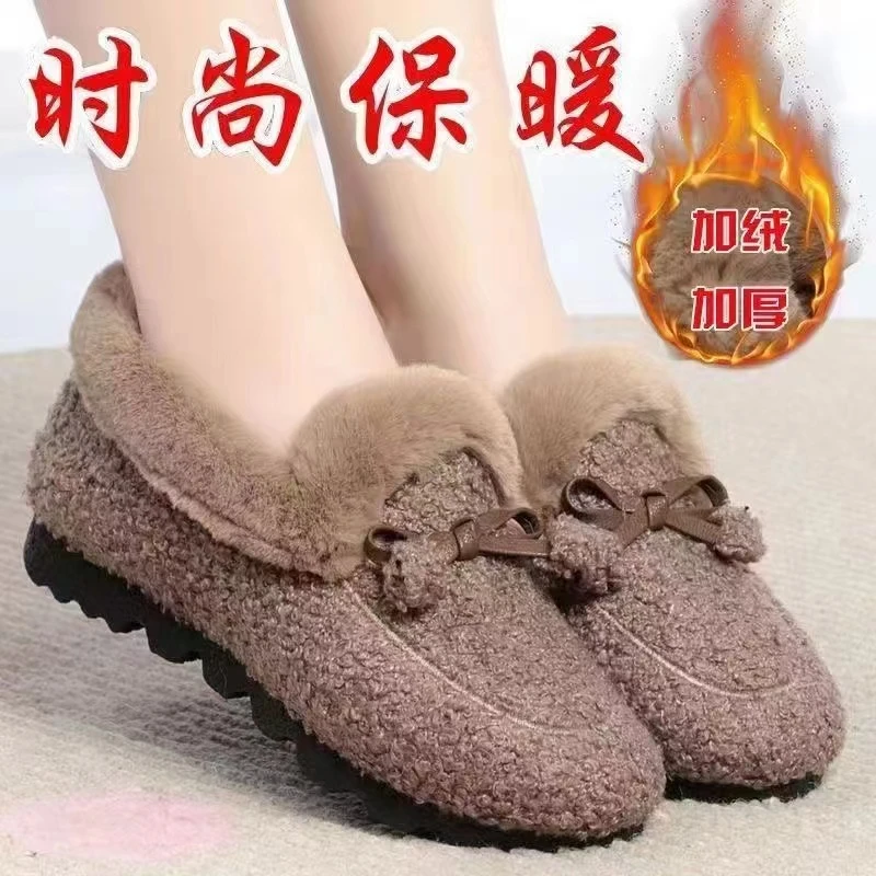 冬季毛毛豆豆鞋保暖防滑中老年妈妈鞋女加绒加厚老北京布鞋棉鞋