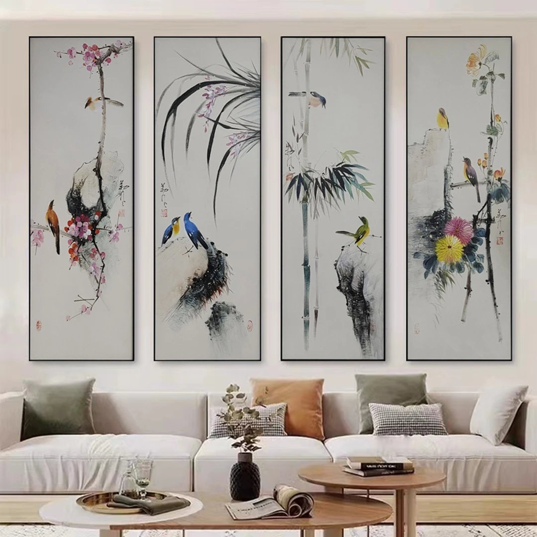 手绘新中式梅兰竹菊四合一套画客厅挂画书房办公室四条屏装饰油画