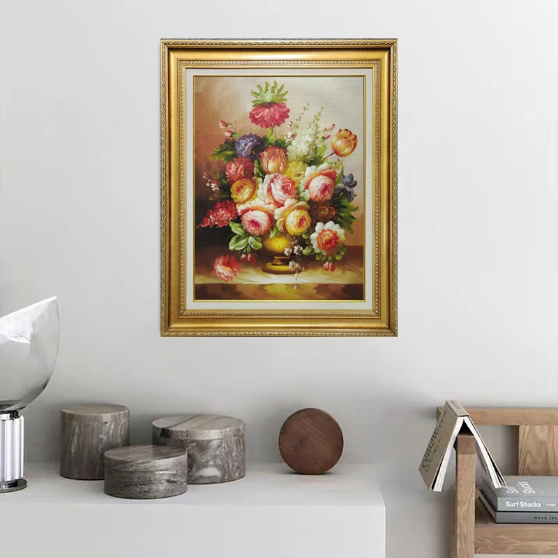 高雅时尚金色花开富贵古典花卉欧式玫瑰牡丹挂画装饰纯手绘油画