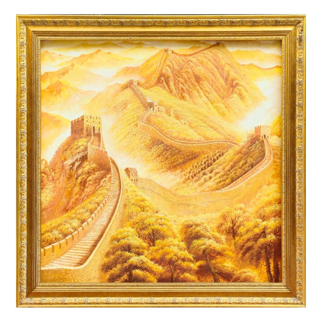 金色万里长城山水风景油画酒店单位办公室客厅沙发背景墙装饰画