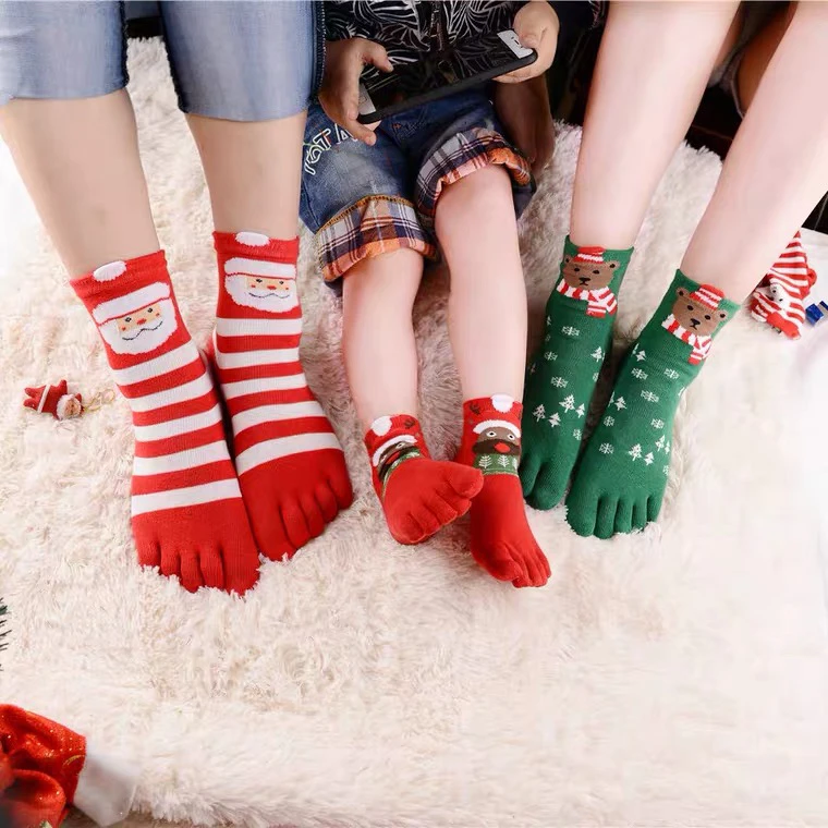 圣诞儿童五指袜中筒秋冬男童本命年红色分趾袜女童矫正脚趾袜