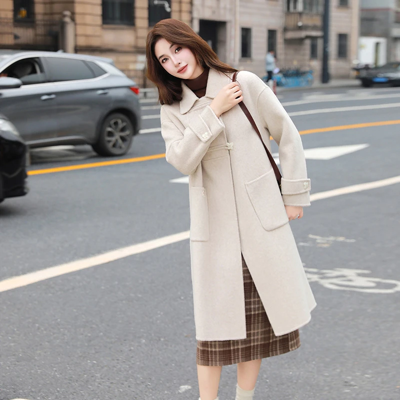 2024秋冬季新款蝴蝶扣双面呢大衣女中长款毛呢外套