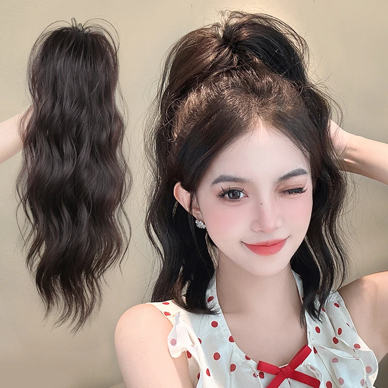 瀑布高马尾抓夹假发辫子增发量蓬松颅顶喷泉波浪长卷发马尾仿真发