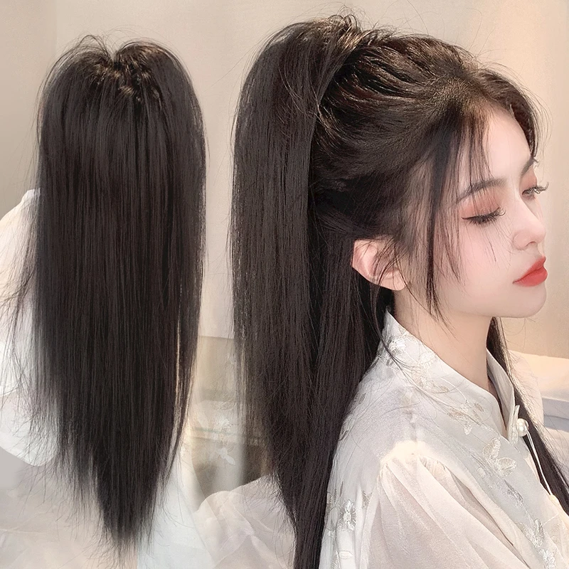 瀑布半扎马尾假发女抓夹式喷泉直发高马尾蓬松增发神器网红长辫子