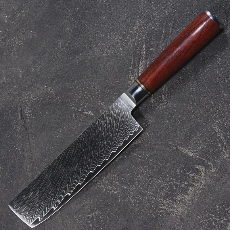 67层大马士革红檀木柄羽毛纹10cr15mov钢平头小菜切刀