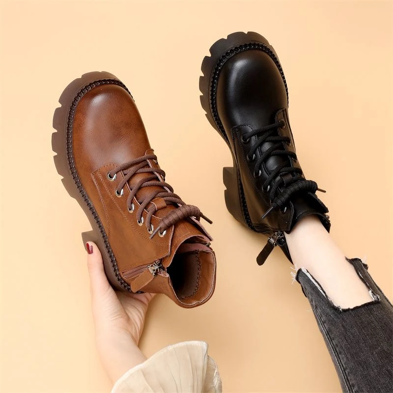 蜻蜓牌马丁靴女春秋单靴厚底增高真皮短靴冬加绒保暖棉靴子英伦风