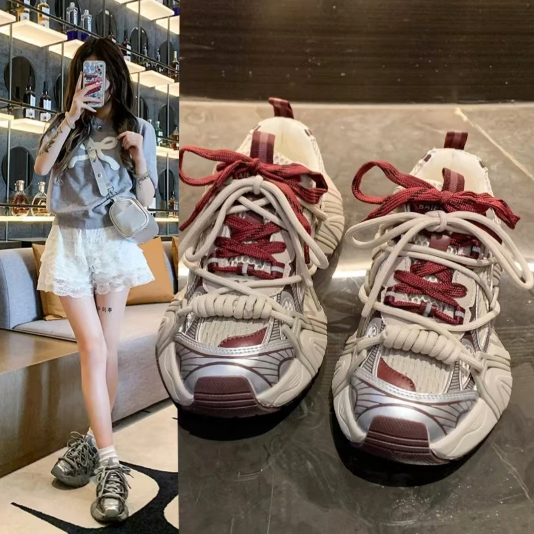 【婷婷家】高级感新款拼色绑带时尚厚底老爹鞋女2024复古潮流ins