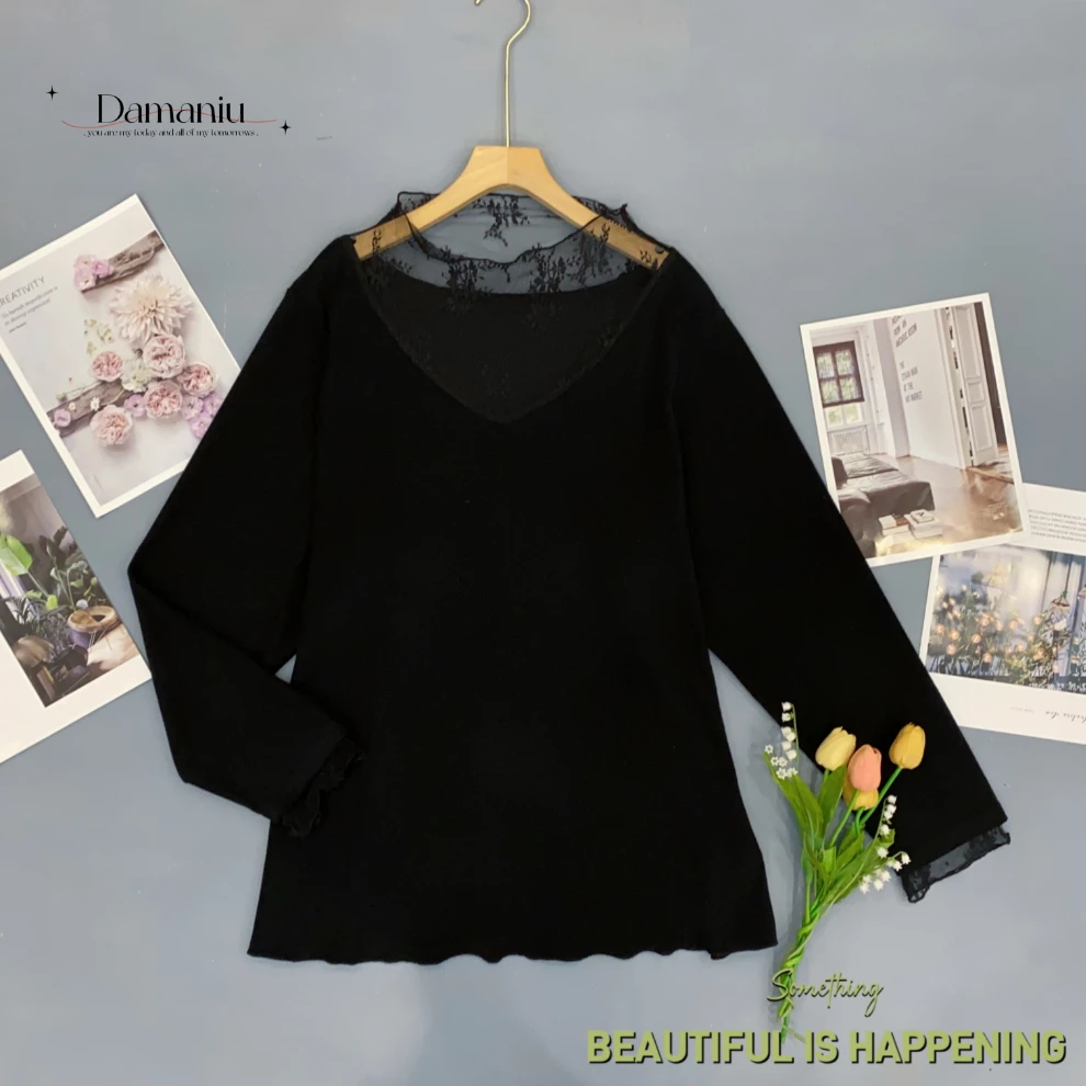 D·B精致V领蕾丝拼接百搭显瘦打底衫S8981