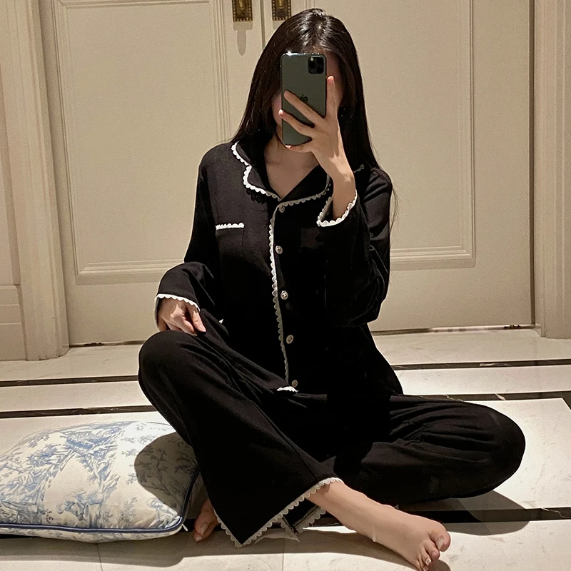 高级感黑色睡衣女士保暖2024秋冬季新款德绒长袖长裤两件套家居服