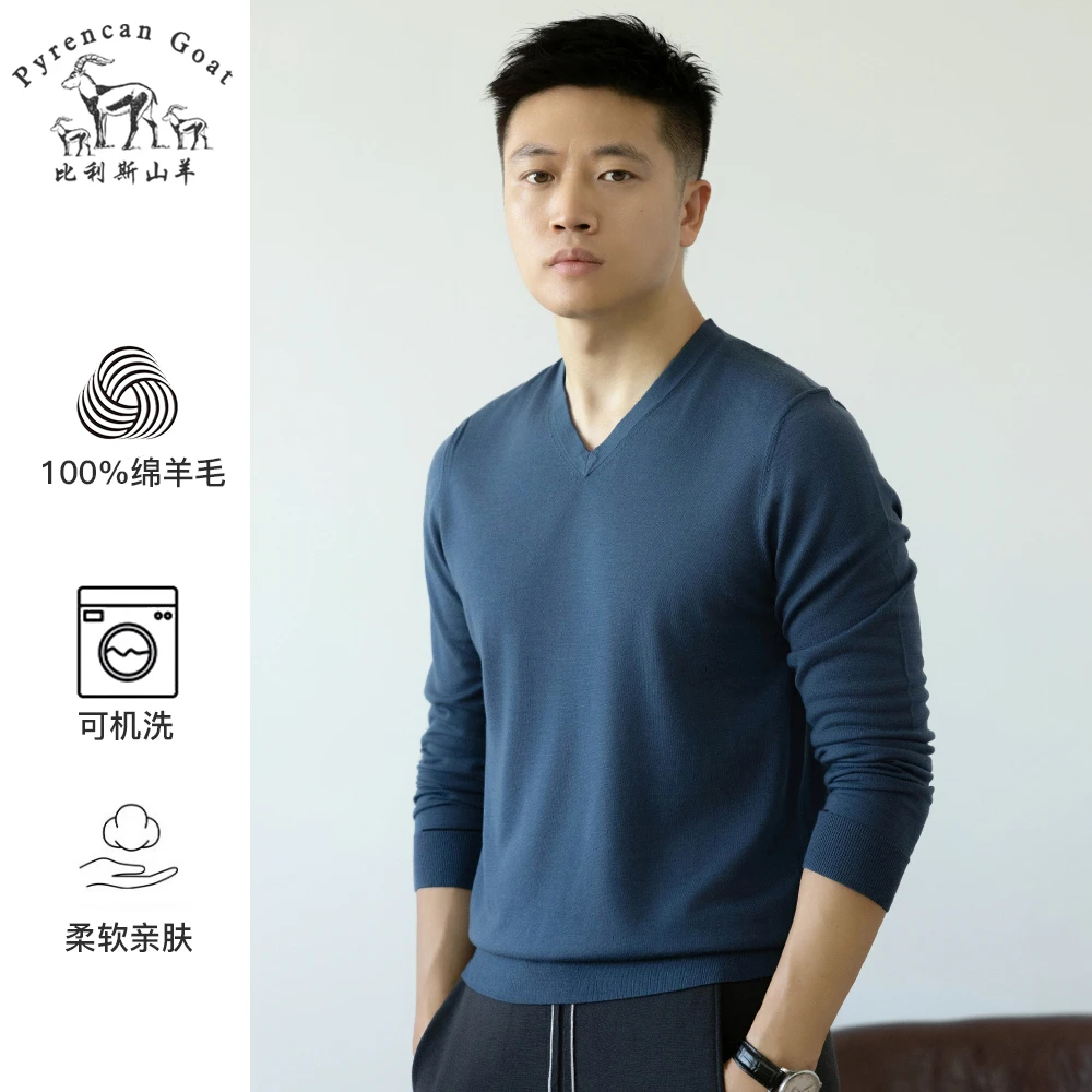 精纺薄款可机洗秋季男士纯羊毛衫纯色长袖V领针织T恤打底衫