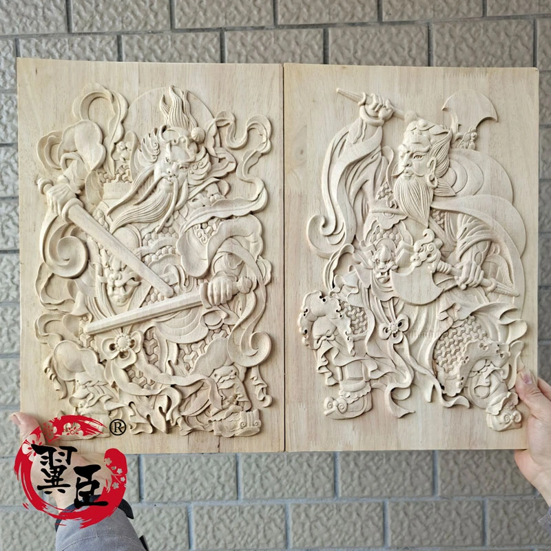 东阳木雕中式高端实木复古方形入户门头仿古门神画浮雕刻木质挂件