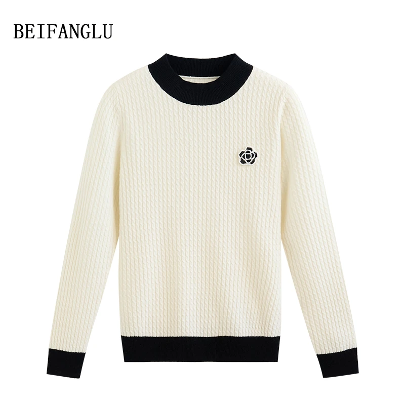 北方鹿【山茶花小香系列】秋气质绞花手工花朵钉珠长袖羊毛衫2872