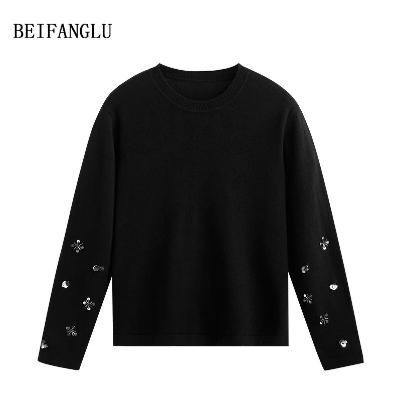 北方鹿【缪系蝴蝶钉珠】绵羊毛气质圆领珠片套头长袖针织毛衣女3501