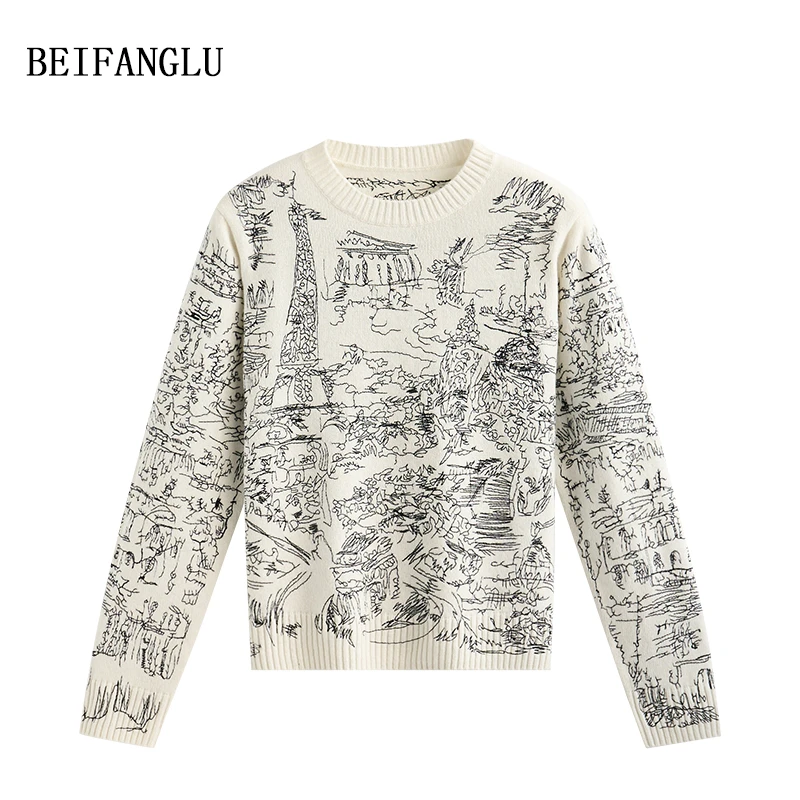 北方鹿 绵羊毛2024秋冬新品重工D家刺绣圆领女士套头针织衫5837