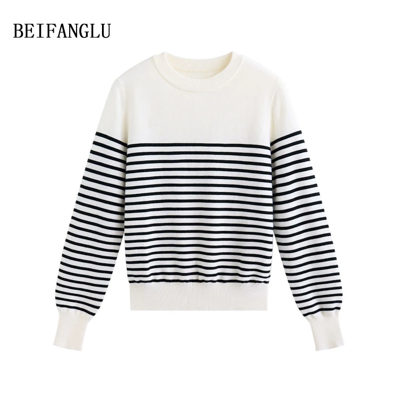 北方鹿 小禾I*家髙货！细织精纺羊毛气质条纹圆领长袖针织女3079