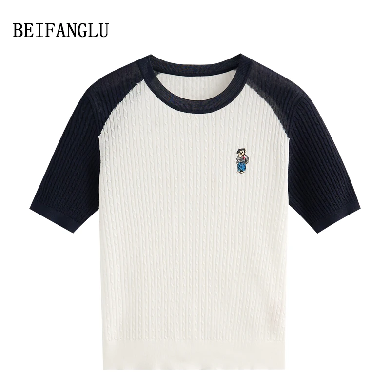 北方鹿法式柜单！莱赛尔醋酯真丝气质绞花刺绣小熊针织短袖夏6589