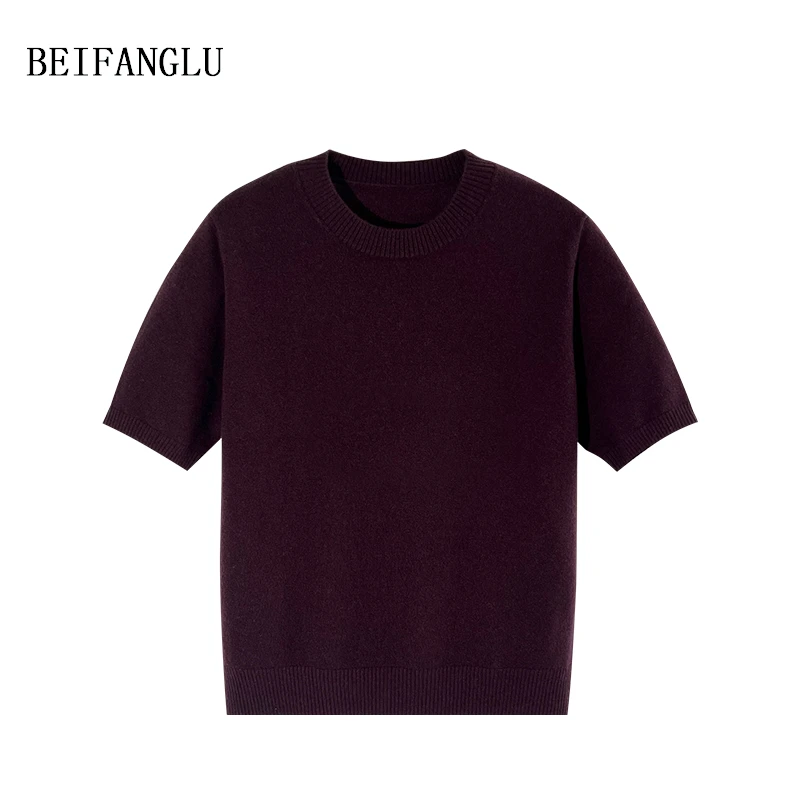 北方鹿 定染油墨紫！高级感法式圆领气质绵羊毛针织短袖女8011