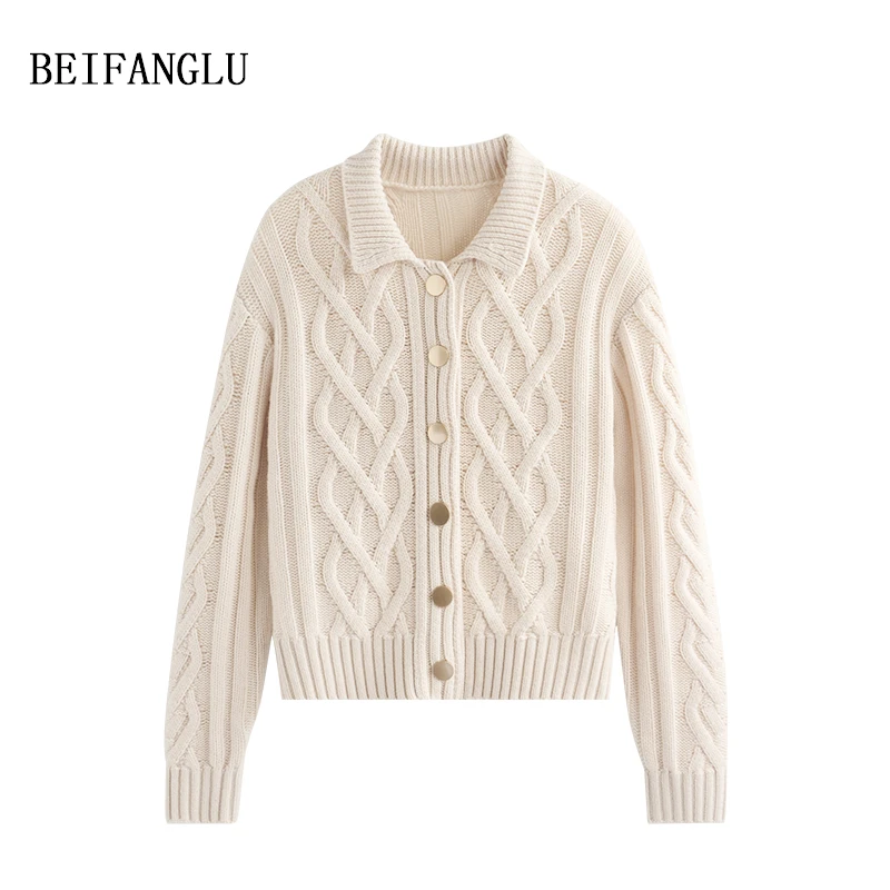 北方鹿温柔奶油杏！绵羊毛2024秋冬法式气质立体绞花针织开衫2477