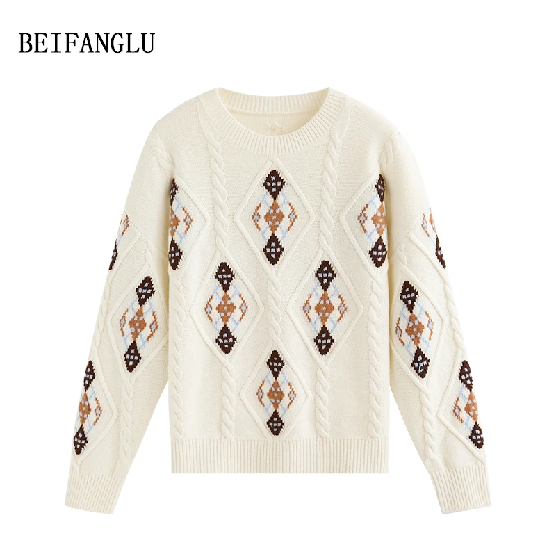 北方鹿【E*家费尔岛菱格】羊毛2024秋冬气质复古提花针织毛衣2340