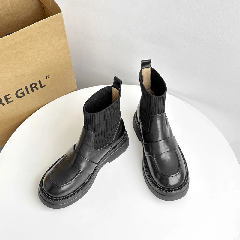 4cm/FA1502牛皮弹力袜靴女秋冬百搭厚底增高短靴加绒马丁靴