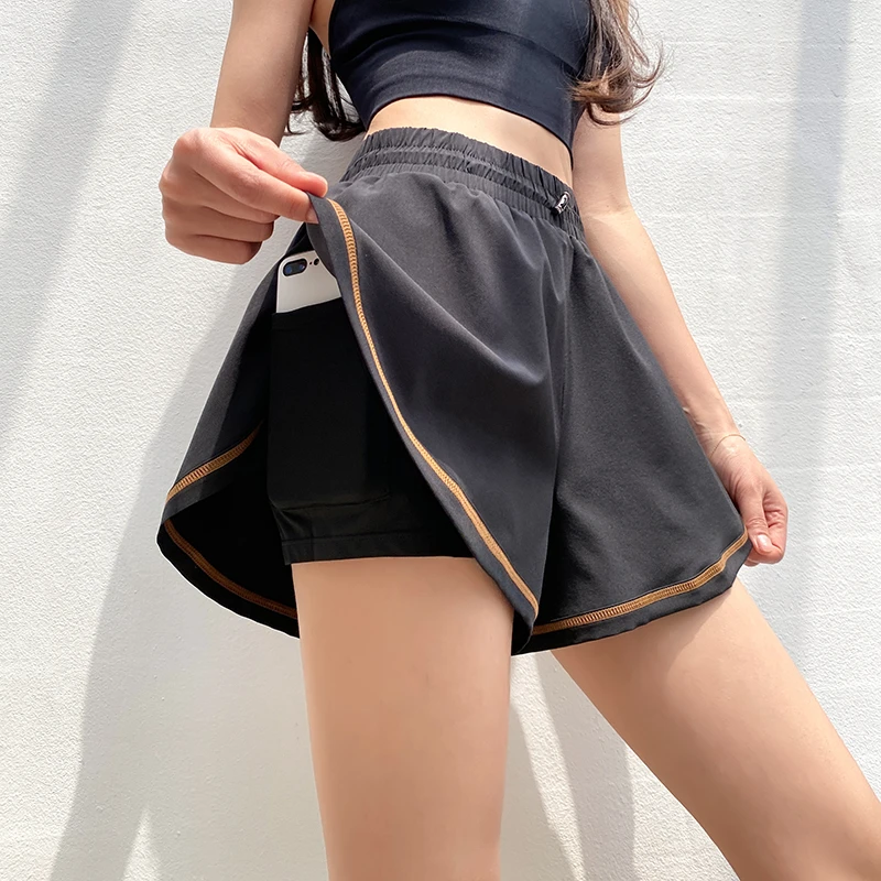防走光假两件高腰运动短裤夏天薄款速干透气跑步外穿健身阔腿裤子