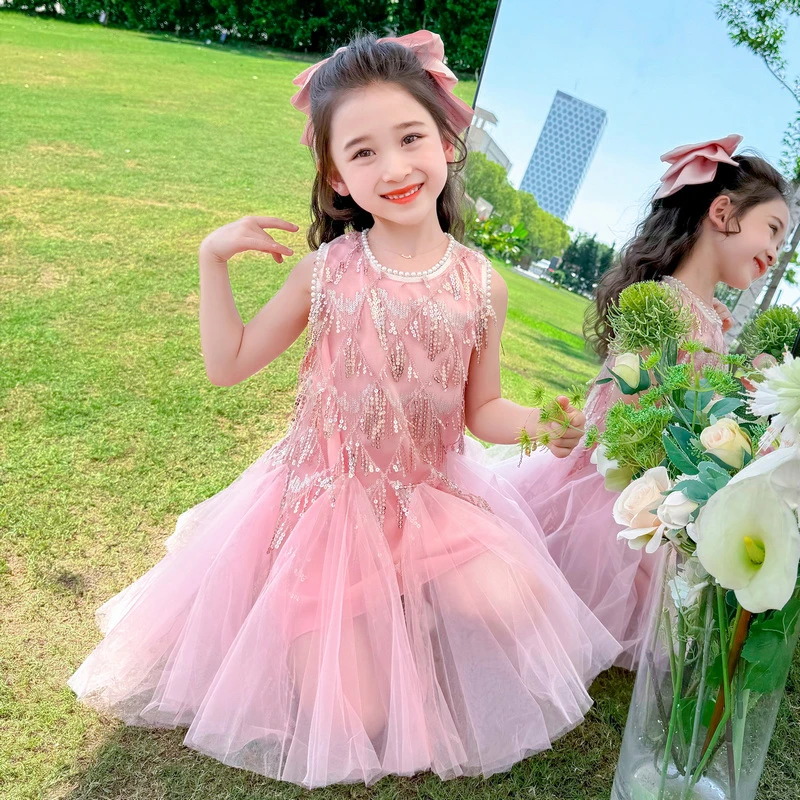 女小童美人鱼鳞亮片连衣裙2024夏款宝宝夏季无袖网纱珍珠背心裙子