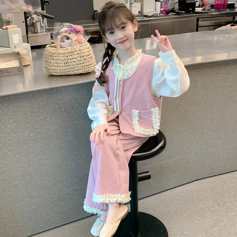 女童春装套装2025新款儿童洋气时髦女孩春秋款花瓣春季马甲三件套