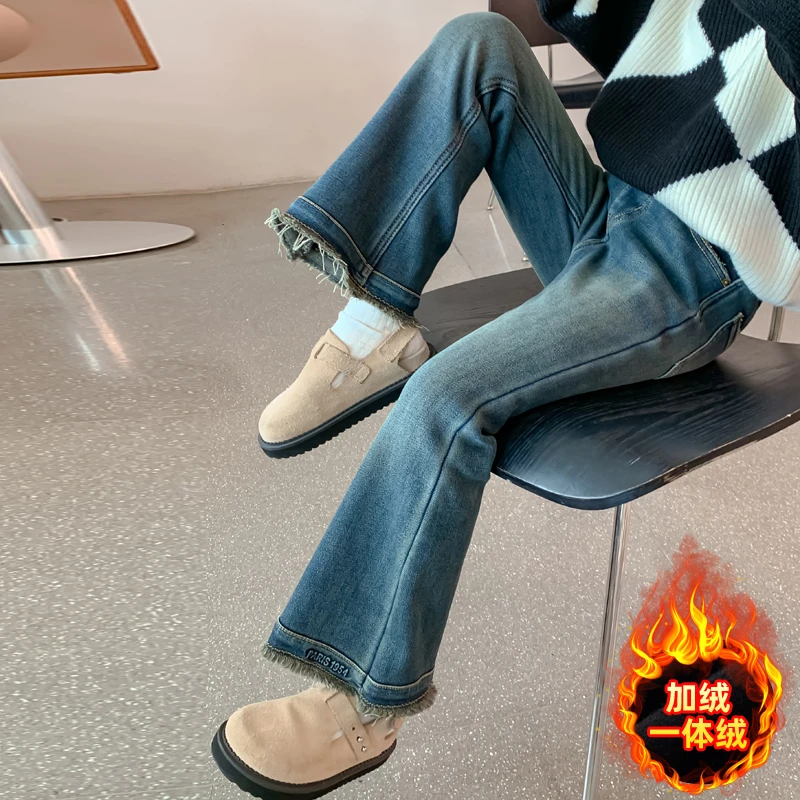 女童秋冬装牛仔裤2025新款休闲洋气女孩冬季加绒加厚流苏修身裤子